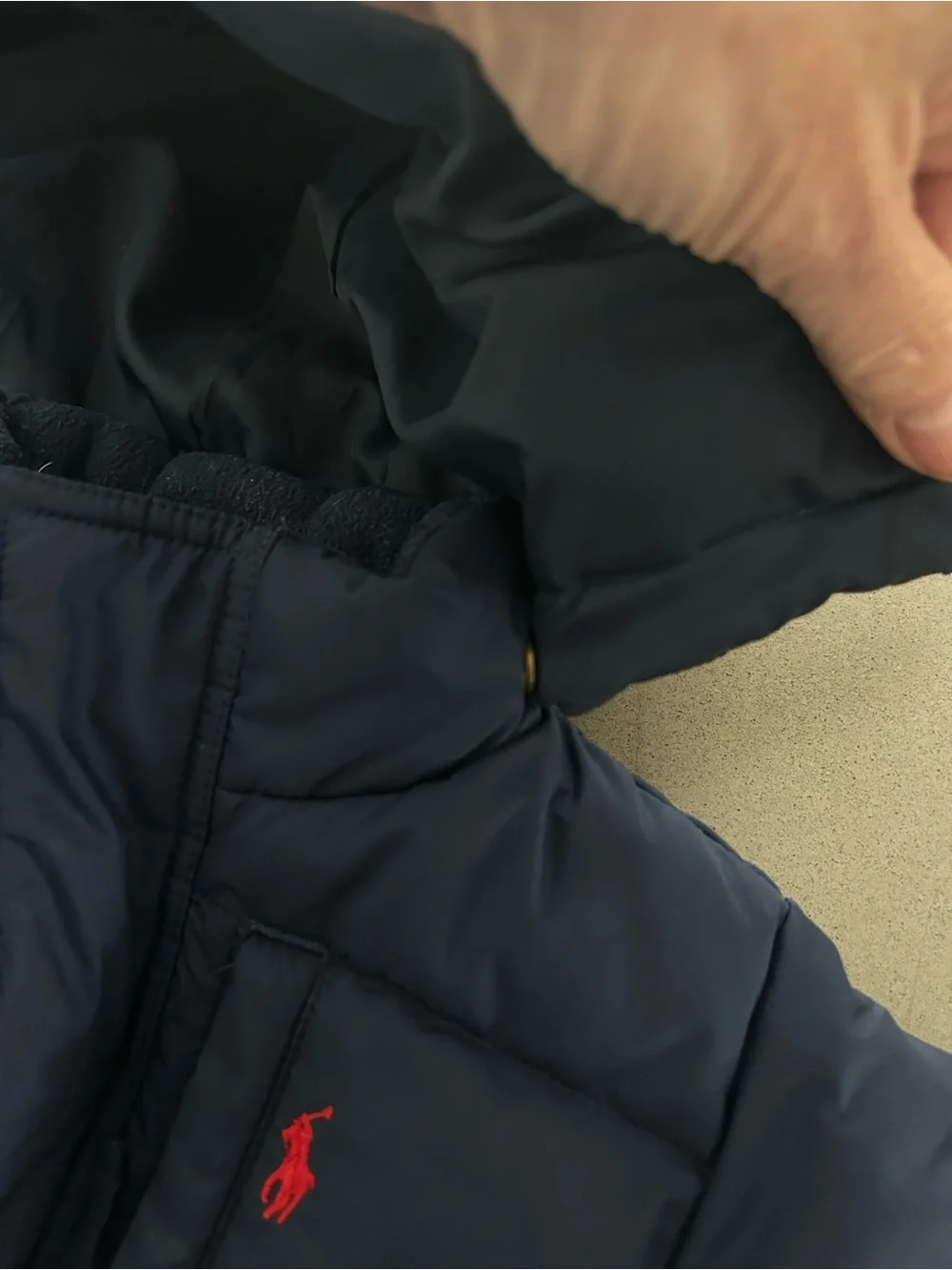 12M Polo Ralph Lauren Navy Puffer Jacket with Red Pony detachable hood EUC